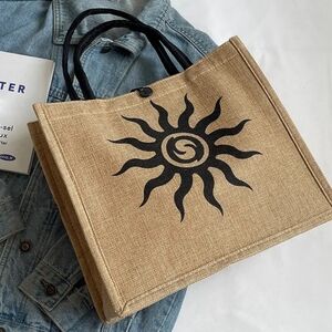 Unisex All Seasons Linen Streetwear Square Hook Loop Handbag With Sun Design